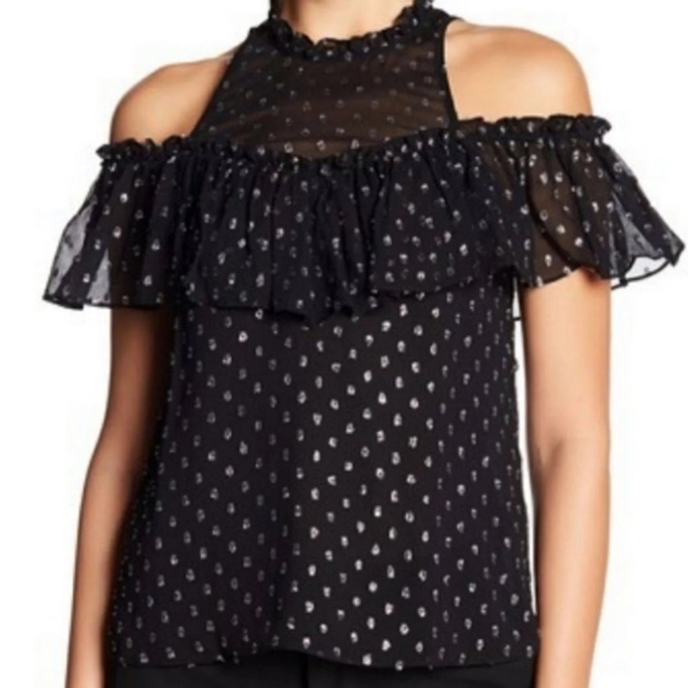 Rebecca Taylor Silk Cold Shoulder Silver Dot Top!